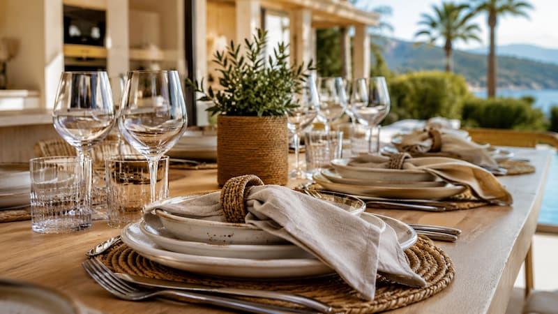 Vollständig gedeckter Tisch mit ausreichend Geschirr und Gläsern